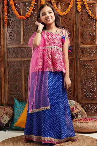 girls printed one shoulder ready to wear lehenga & blouse with dupatta (l-magentafoil)