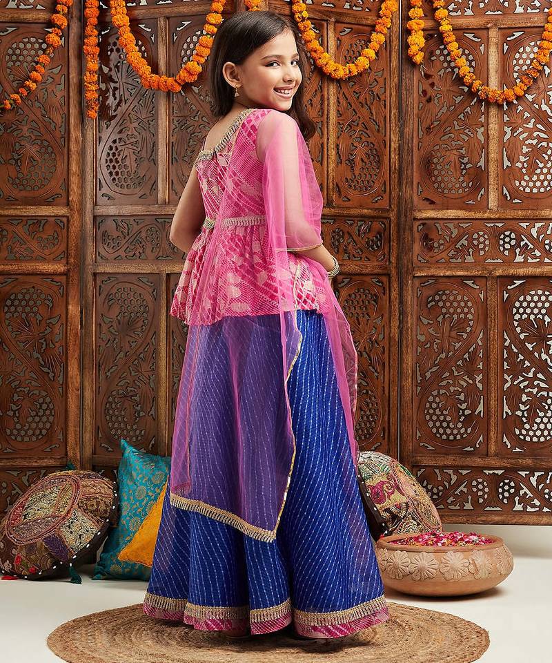 girls printed one shoulder ready to wear lehenga & blouse with dupatta (l-magentafoil)