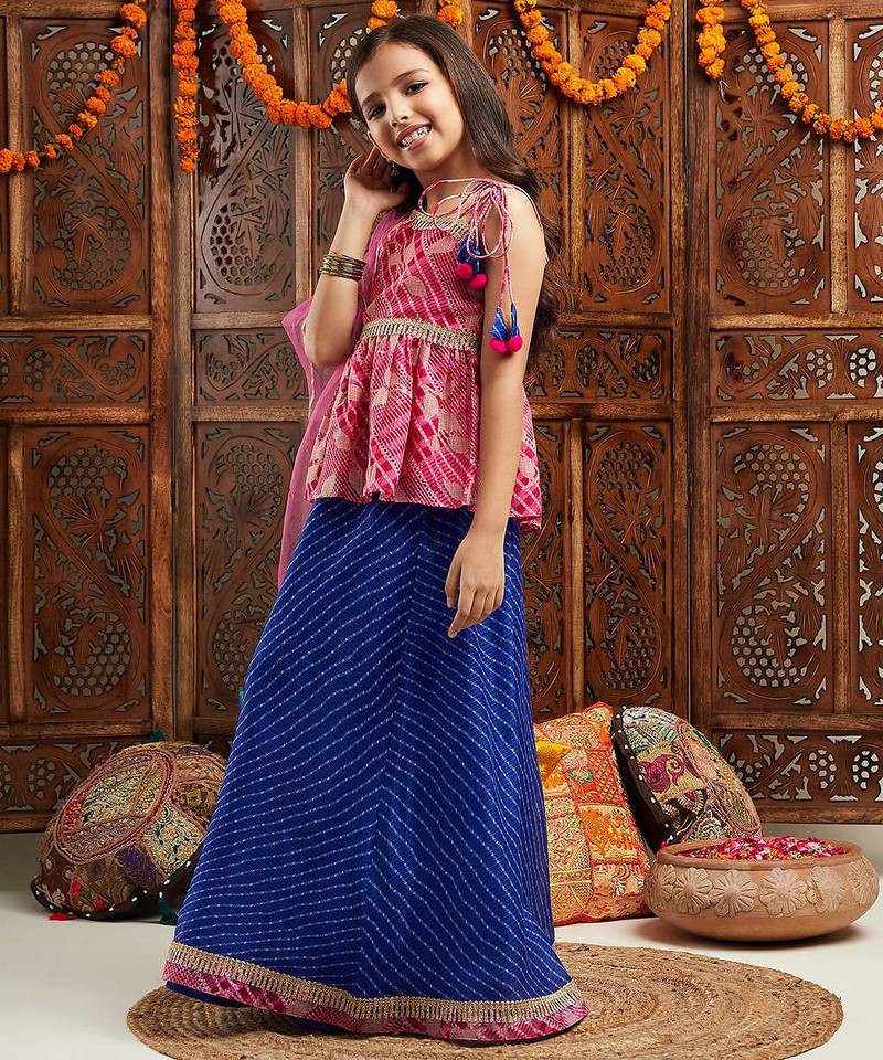 girls printed one shoulder ready to wear lehenga & blouse with dupatta (l-magentafoil)
