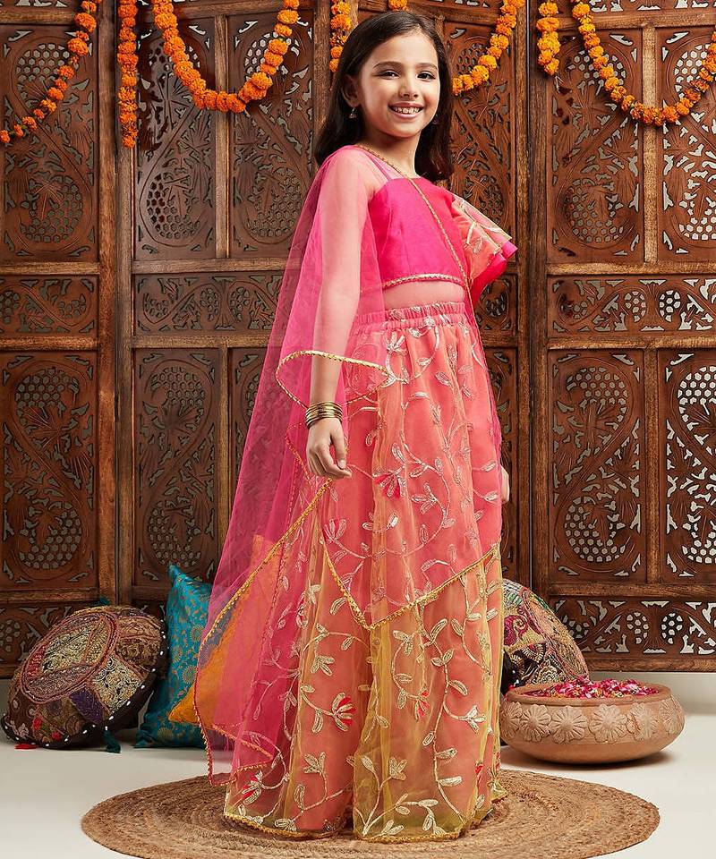 girls gotta patti ready to wear lehenga with blouse & dupatta (l-magentagreengota)