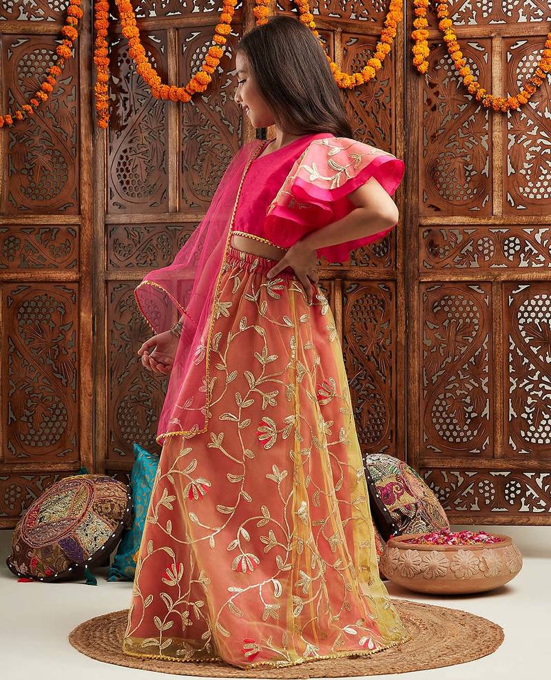 girls gotta patti ready to wear lehenga with blouse & dupatta (l-magentagreengota)