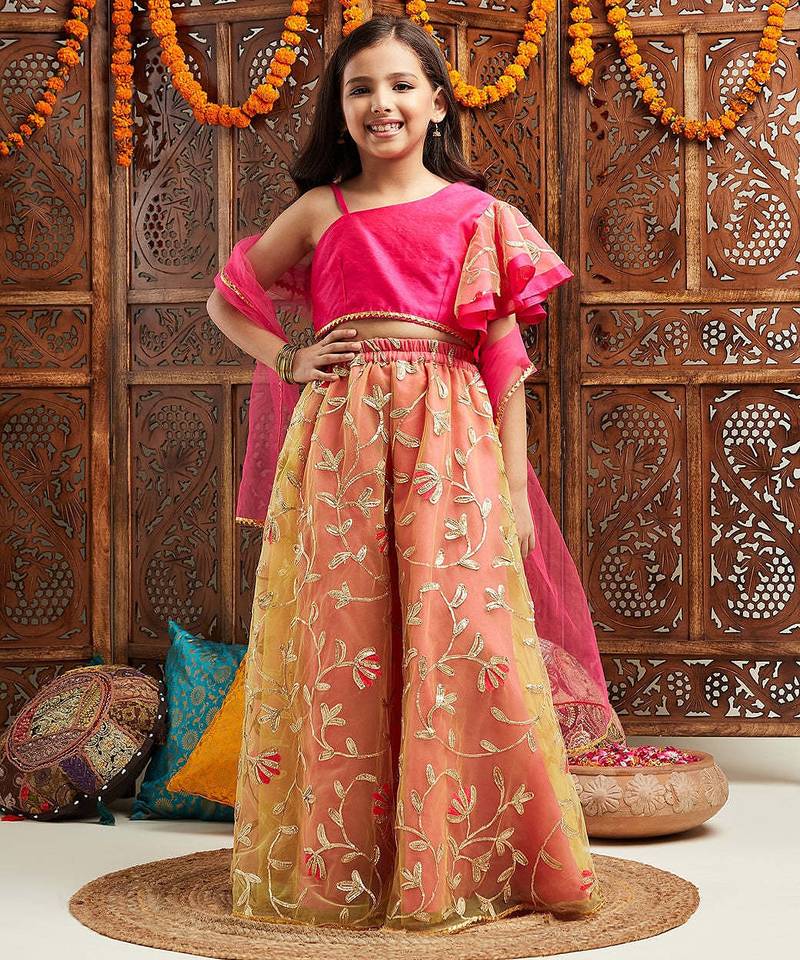 girls gotta patti ready to wear lehenga with blouse & dupatta (l-magentagreengota)