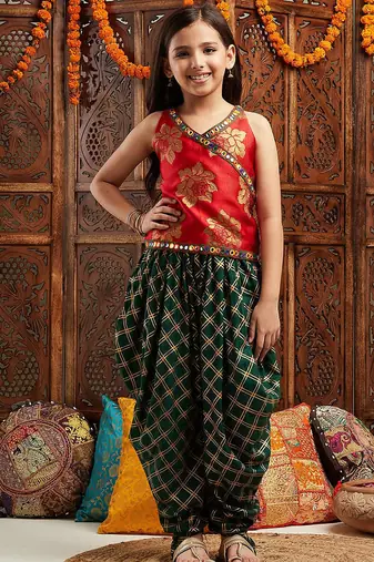 girls floral printed regular kurti with dhoti pants (dh-greenfoil)