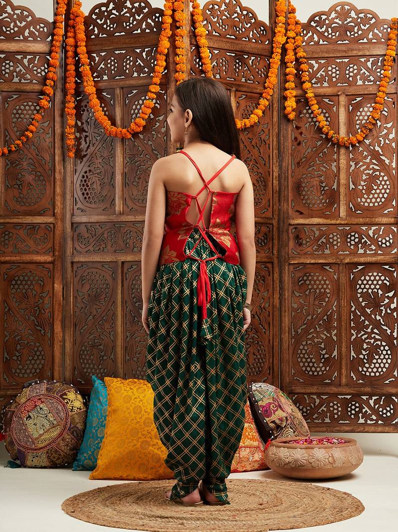 girls floral printed regular kurti with dhoti pants (dh-greenfoil)