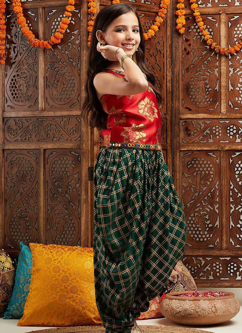 girls floral printed regular kurti with dhoti pants (dh-greenfoil)