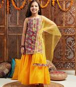 girls floral printed regular gotta patti kurta with sharara & dupatta (sha-magwhitefloral)