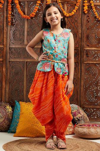 girls floral printed regular gotta patti kurti with dhoti pants (dh-greenorange)