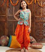 girls floral printed regular gotta patti kurti with dhoti pants (dh-greenorange)