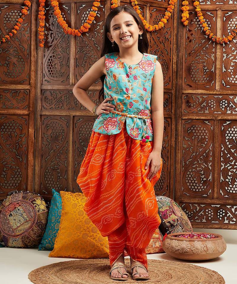 girls floral printed regular gotta patti kurti with dhoti pants (dh-greenorange)