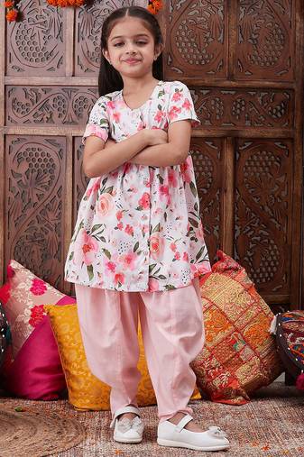 girls floral printed regular kurta with dhoti pants (dh-peachrose)
