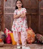 girls floral printed regular kurta with dhoti pants (dh-peachrose)