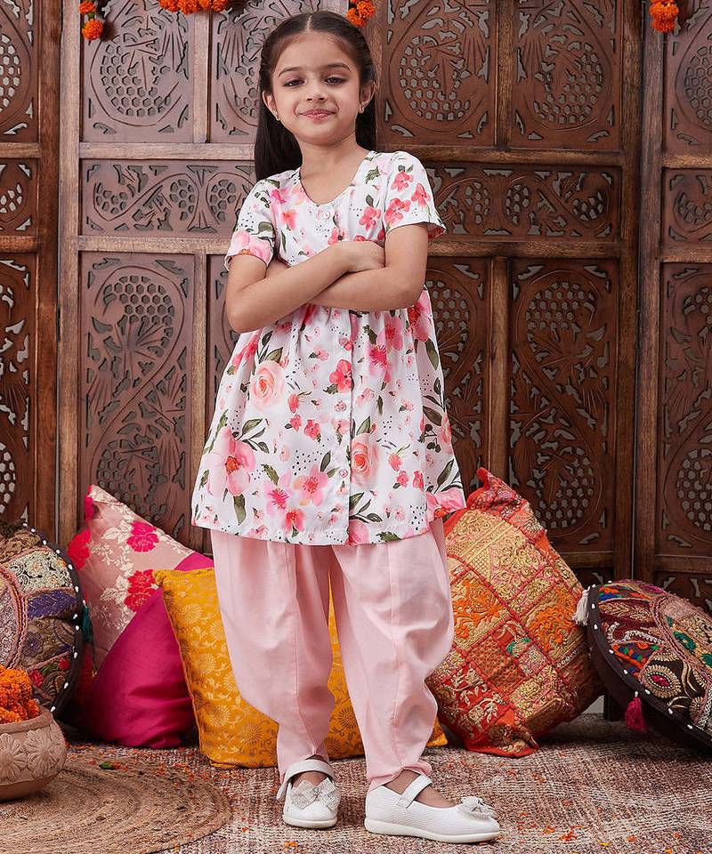 girls floral printed regular kurta with dhoti pants (dh-peachrose)