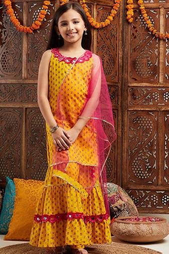 girls ethnic motifs printed regular mirror work kurta with sharara & dupatta (sha-yellowbooti)
