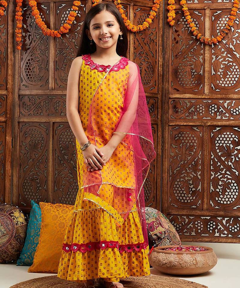 girls ethnic motifs printed regular mirror work kurta with sharara & dupatta (sha-yellowbooti)