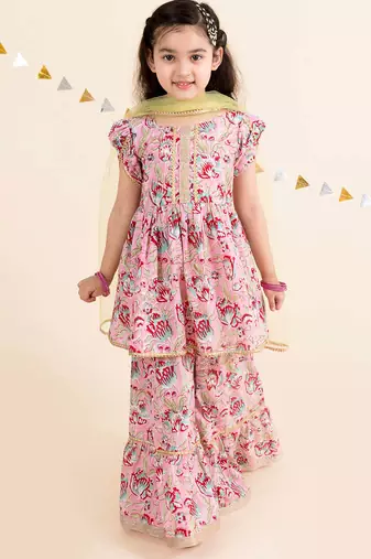 Girls floral printed gotta patti pure cotton kurti with palazzos with dupatta