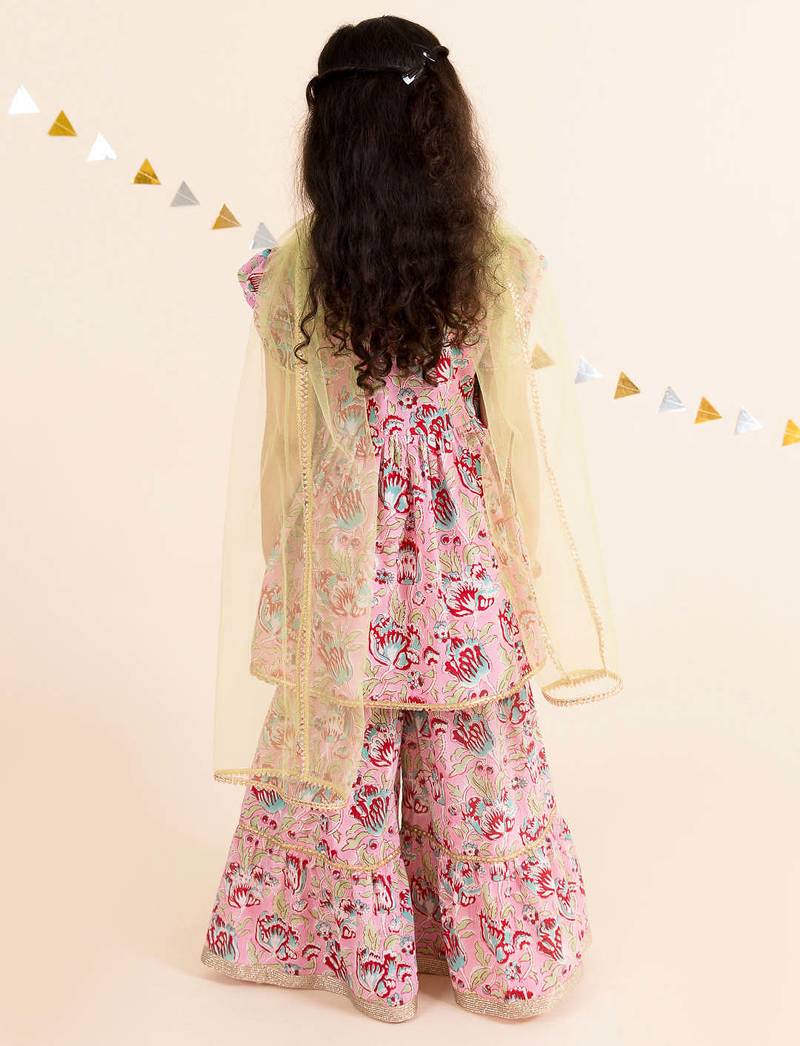 Girls floral printed gotta patti pure cotton kurti with palazzos with dupatta
