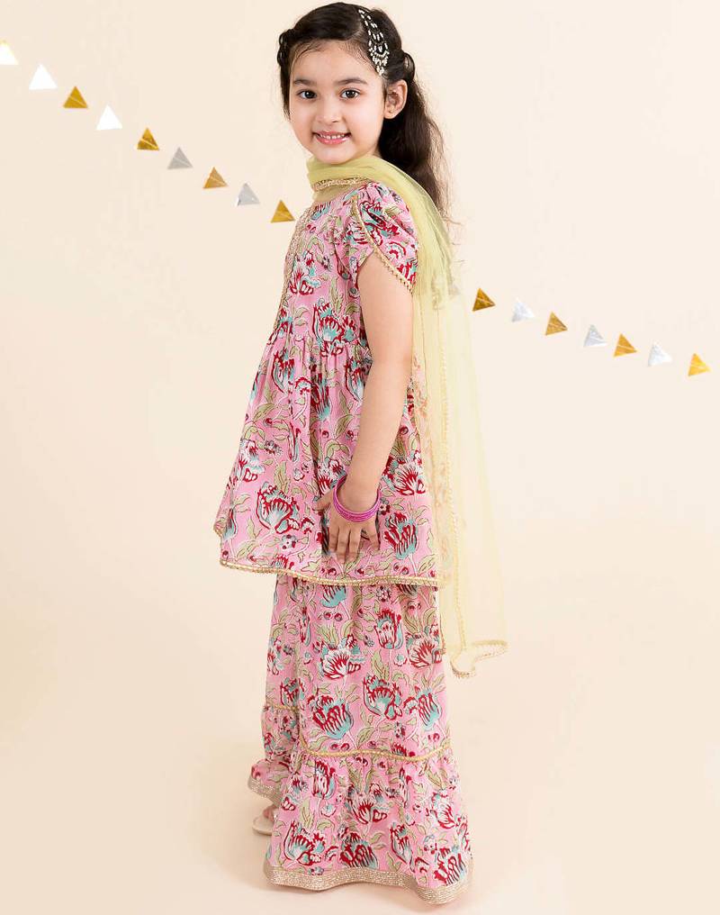 Girls floral printed gotta patti pure cotton kurti with palazzos with dupatta