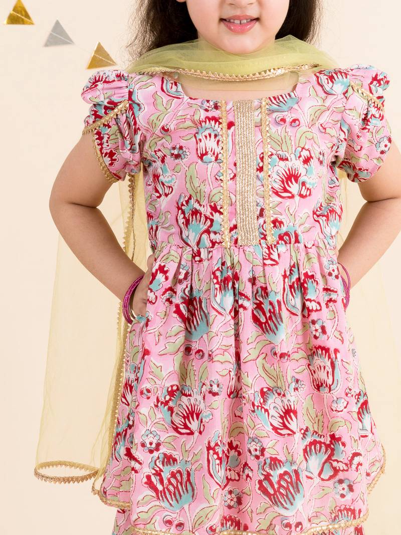 Girls floral printed gotta patti pure cotton kurti with palazzos with dupatta