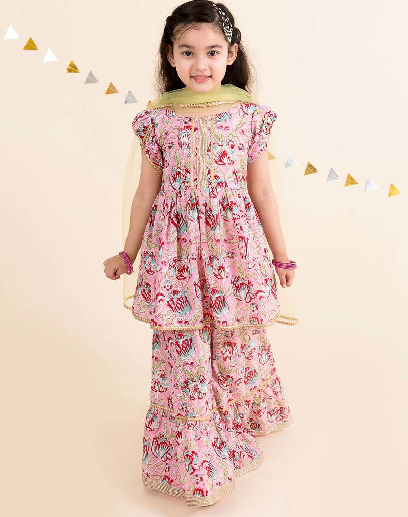 Girls floral printed gotta patti pure cotton kurti with palazzos with dupatta