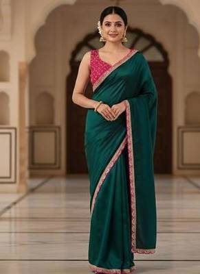 green chinon silk saree with sequins lace border 1