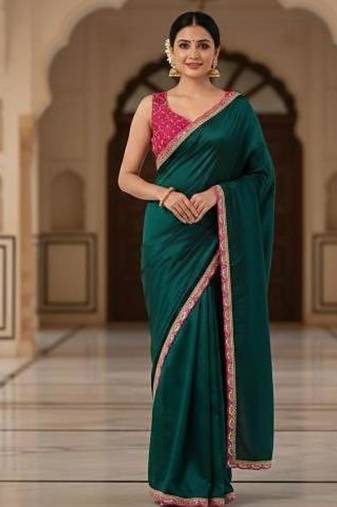 Designer Chinon Saree Decorated With Readymade Sequence Lace  And Contrast Sequence Embroidered Unstitched  Blouse Piece