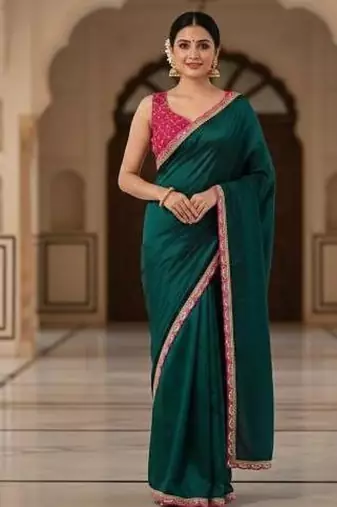 Designer Chinon Saree Decorated With Readymade Sequence Lace  And Contrast Sequence Embroidered Unstitched  Blouse Piece