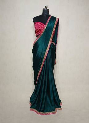 green chinon silk saree with sequins lace border 2
