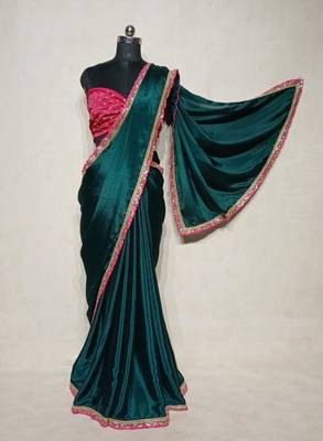 green chinon silk saree with sequins lace border 3