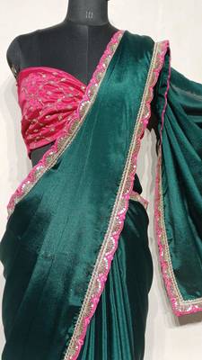 green chinon silk saree with sequins lace border 4