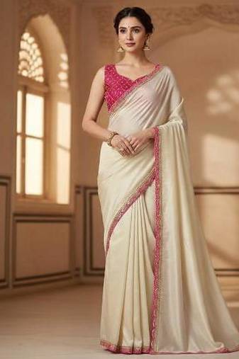 Designer Chinon Saree Decorated With Readymade Sequence Lace  And Contrast Sequence Embroidered Unstitched  Blouse Piece
