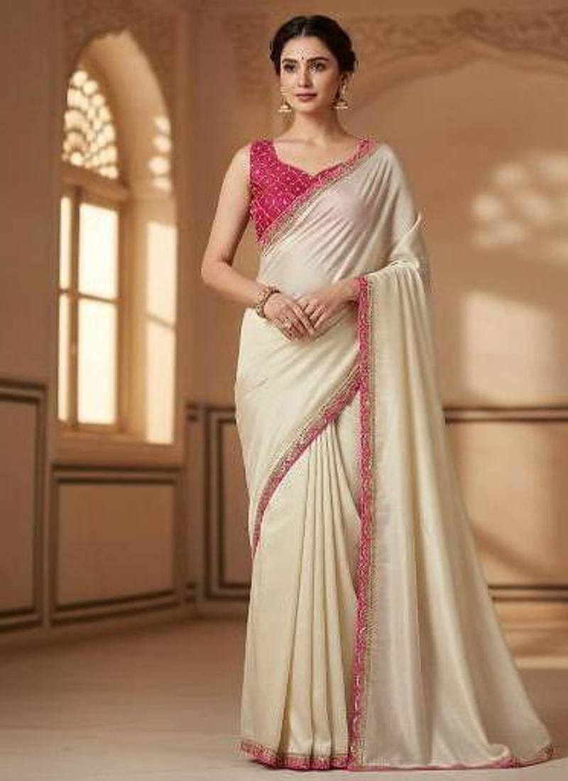 Designer Chinon Saree Decorated With Readymade Sequence Lace  And Contrast Sequence Embroidered Unstitched  Blouse Piece