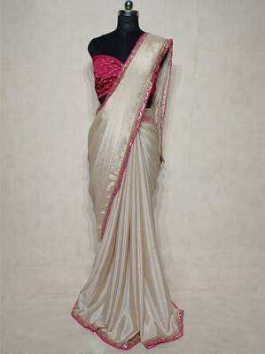 cream chinon silk saree with sequins lace border 2