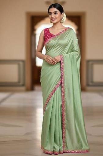 Designer Chinon Saree Decorated With Readymade Sequence Lace  And Contrast Sequence Embroidered Unstitched  Blouse Piece