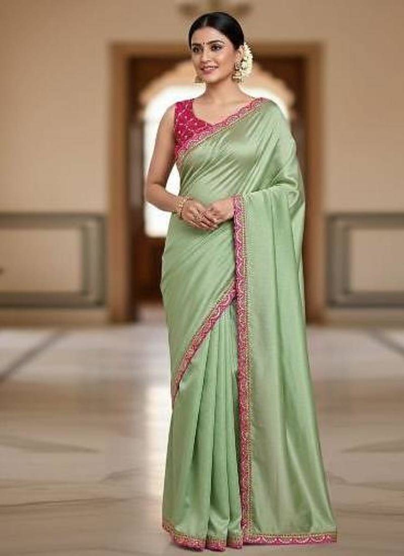 Designer Chinon Saree Decorated With Readymade Sequence Lace  And Contrast Sequence Embroidered Unstitched  Blouse Piece