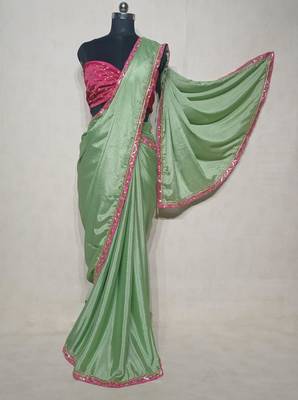 light green chinon silk saree with sequins lace border 3