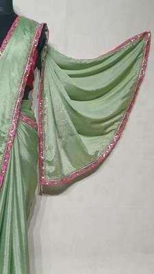 light green chinon silk saree with sequins lace border 4