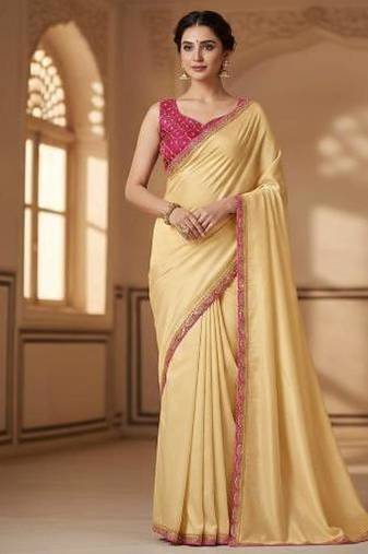 Designer Chinon Saree Decorated With Readymade Sequence Lace  And Contrast Sequence Embroidered Unstitched  Blouse Piece
