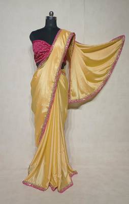 yellow chinon silk saree with sequins lace border 3