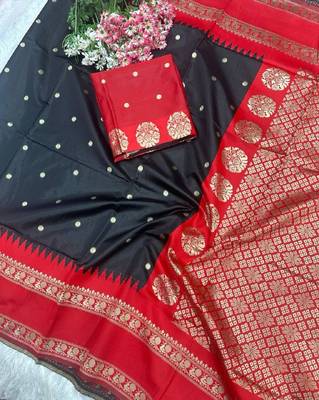 black red silk blend banarasi saree with unstitched blouse piece 5