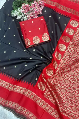 black red silk blend banarasi saree with unstitched blouse piece