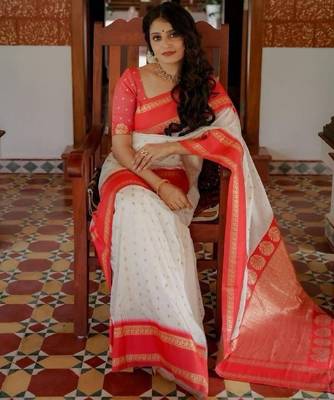 white red silk blend banarasi saree with unstitched blouse piece 6