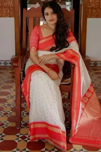 white red silk blend banarasi saree with unstitched blouse piece