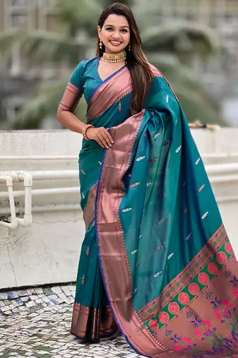 Teal soft paithani silk zari weaving saree with matching blouse piece