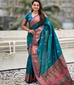 Teal soft paithani silk zari weaving saree with matching blouse piece