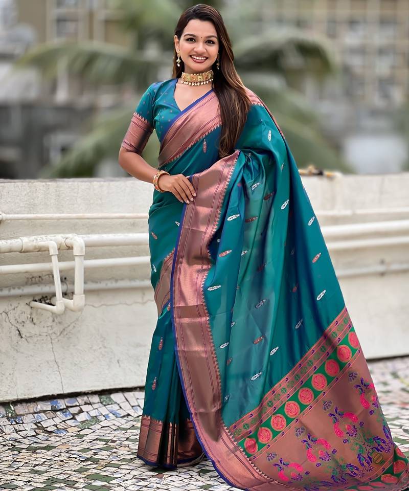 Teal soft paithani silk zari weaving saree with matching blouse piece