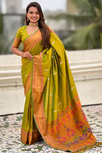 Lime green soft paithani silk zari weaving saree with matching blouse piece