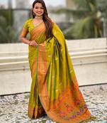 Lime green soft paithani silk zari weaving saree with matching blouse piece