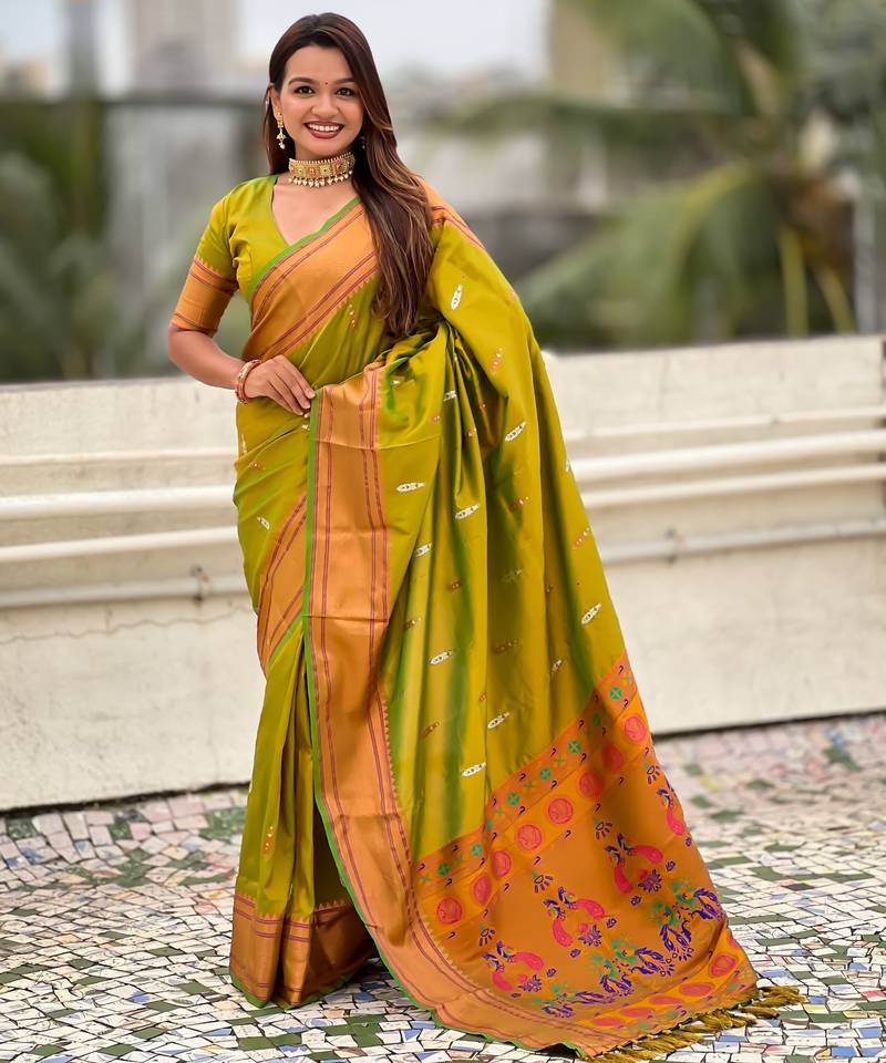 Lime green soft paithani silk zari weaving saree with matching blouse piece