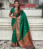 Green soft paithani silk zari weaving saree with matching blouse piece