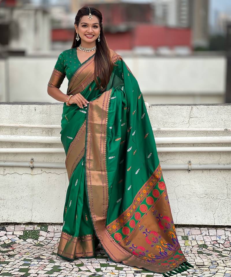 Green soft paithani silk zari weaving saree with matching blouse piece